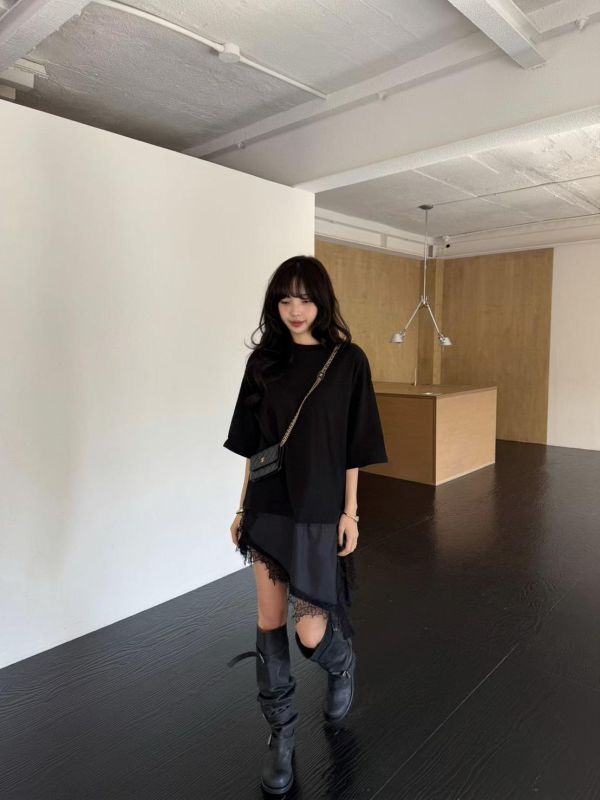 棉質拼蕾絲連身洋裝 