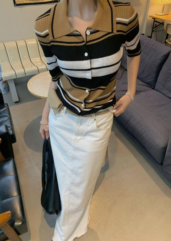 五分袖條紋針織POLO衫 