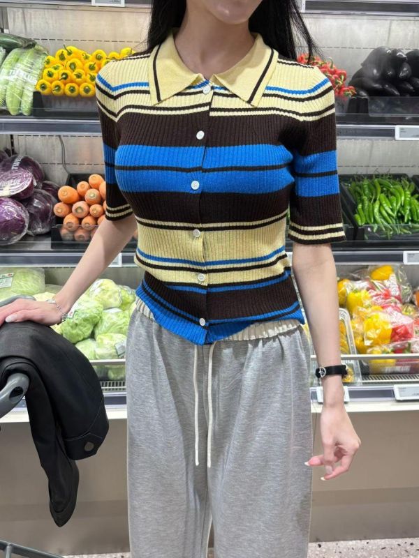 五分袖條紋針織POLO衫 