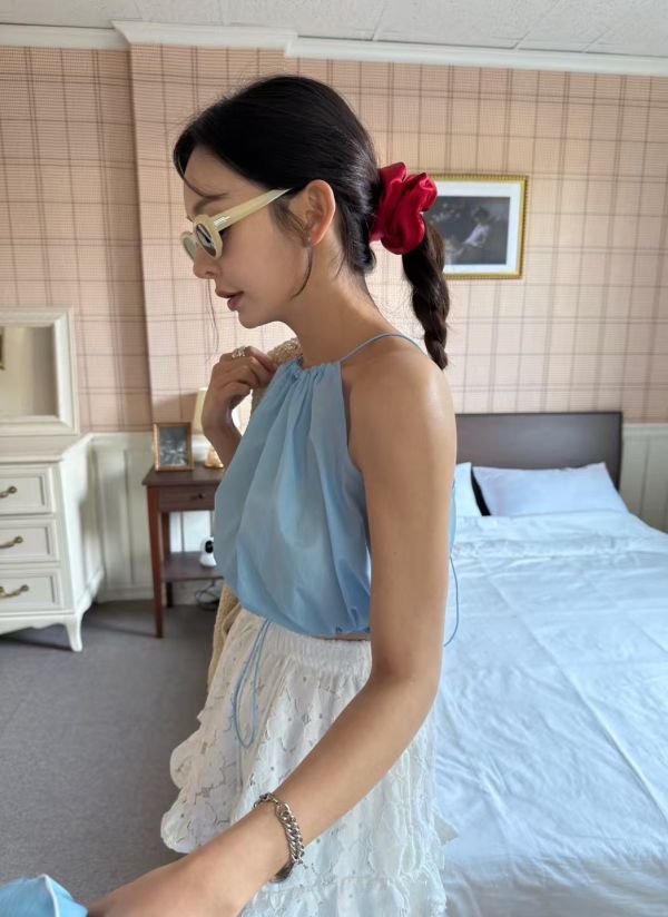 掛脖細肩帶背心/側開叉綁帶工作裙 
