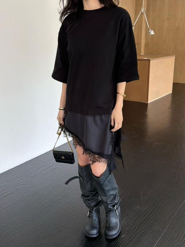 棉質拼蕾絲連身洋裝 