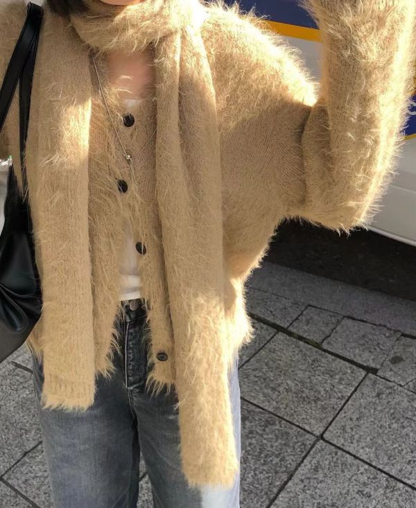 毛絨針織寬鬆脖繩外套 