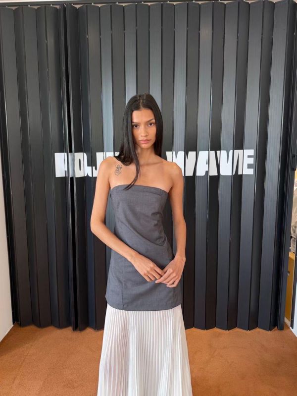 平口西裝拼百摺長洋裝 