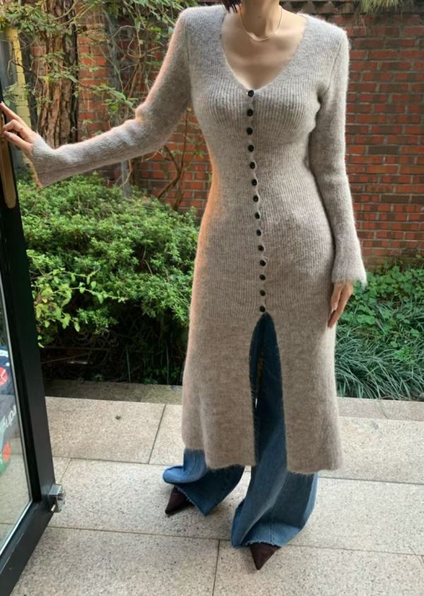 V領排釦開衩針織洋裝 