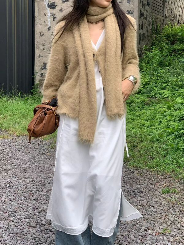 毛絨針織寬鬆脖繩外套 