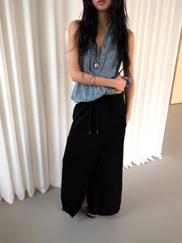 不收邊開衩棉質長裙 