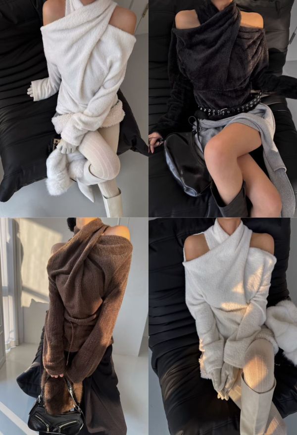 扭結掛脖露肩針織毛衣 