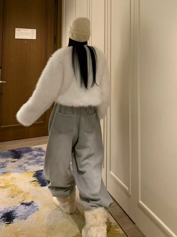 磨白油漆寬鬆抽繩加絨休閒褲 