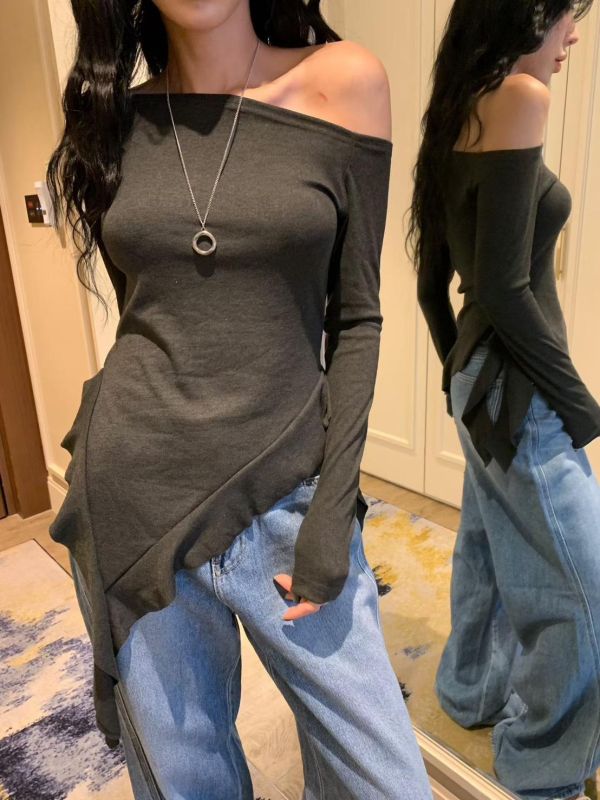 斜肩荷葉下擺彈力造型長T 