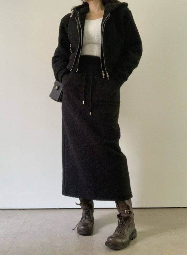 假兩件羊羔毛外套/後開衩羊羔毛長裙 