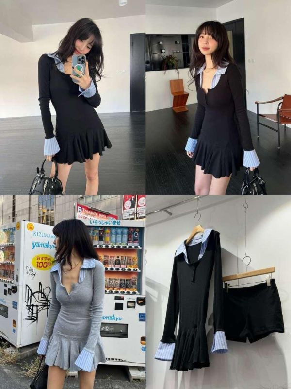 棉質坑條洋裝SET(附短褲) 