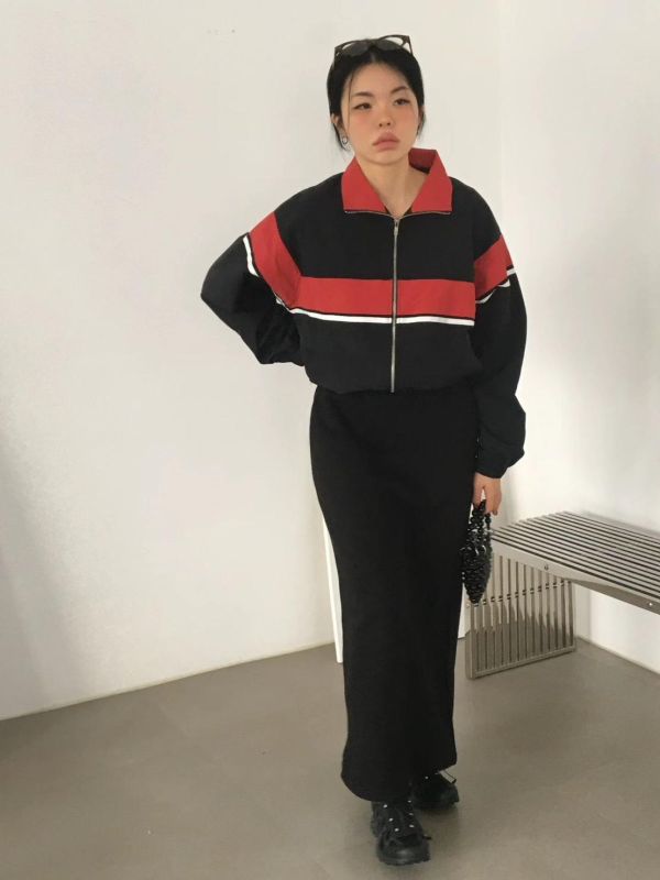 拼色條紋立領拉鍊外套 