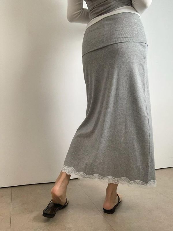 反摺腰頭側開衩蕾絲棉裙 