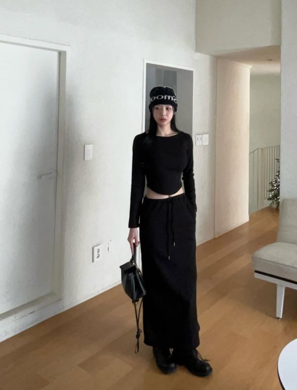 修身長袖上衣/抽繩修身長裙 