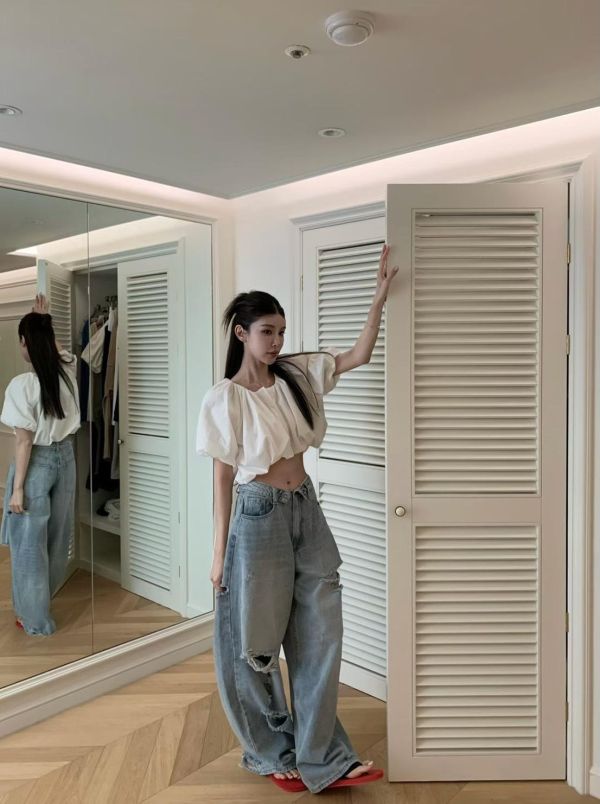 摺腰頭割破高腰牛仔褲 