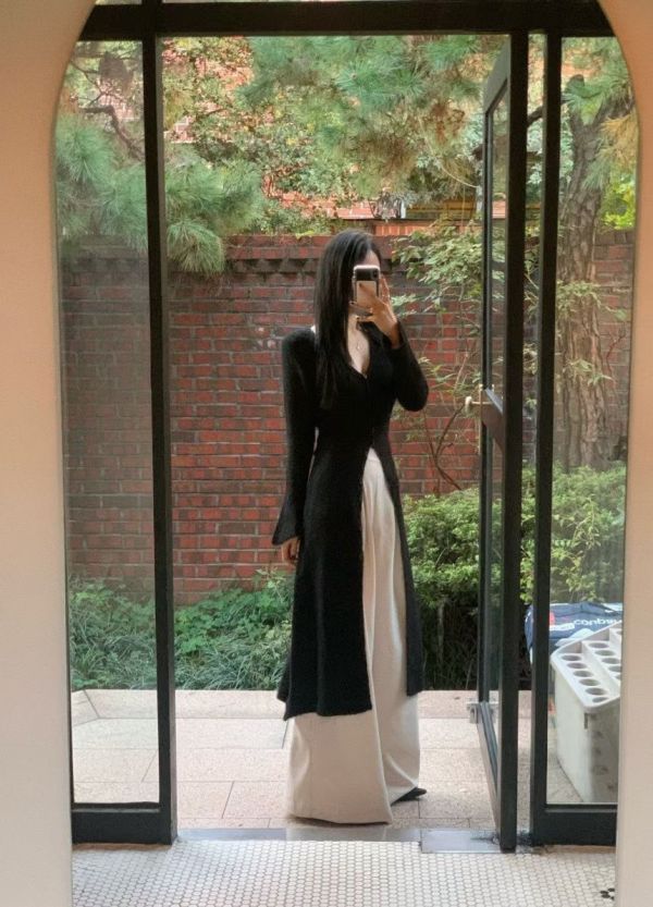 V領排釦開衩針織洋裝 