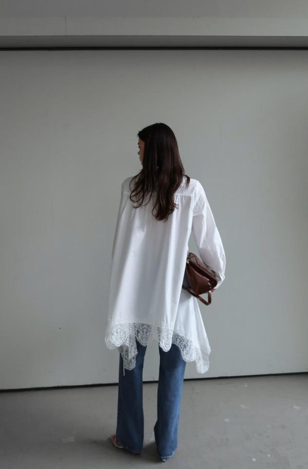 下擺蕾絲不規則襯衫洋裝 