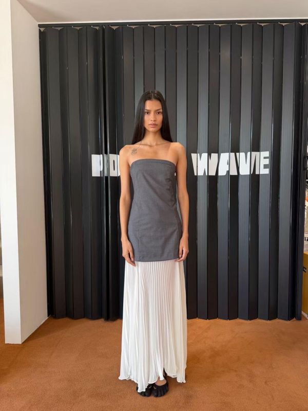 平口西裝拼百摺長洋裝 