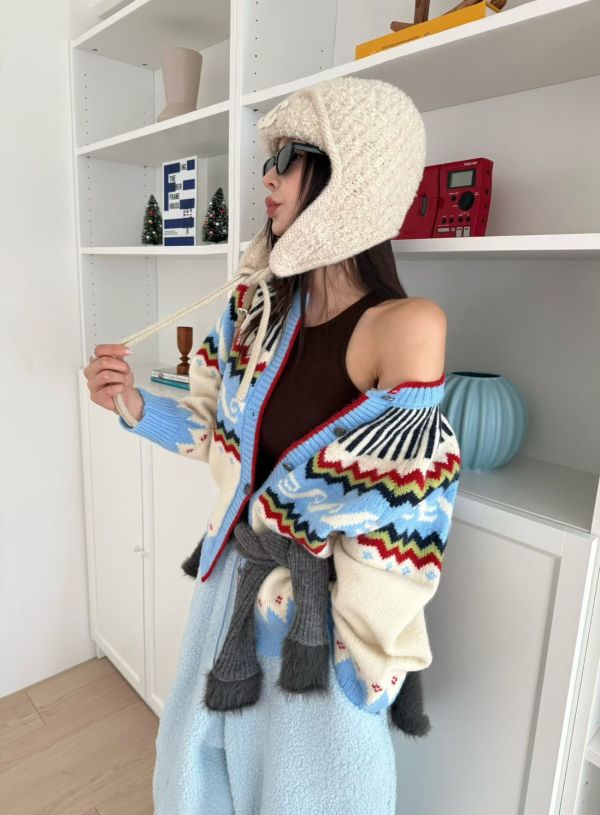 復古撞色針織開襟衫 