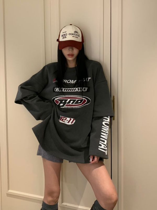 美式字母假兩件上衣 