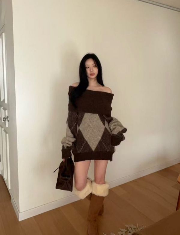 羊毛20%菱紋慵懶平口堆堆毛衣洋裝 