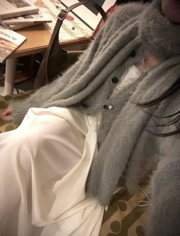 毛絨針織寬鬆脖繩外套 