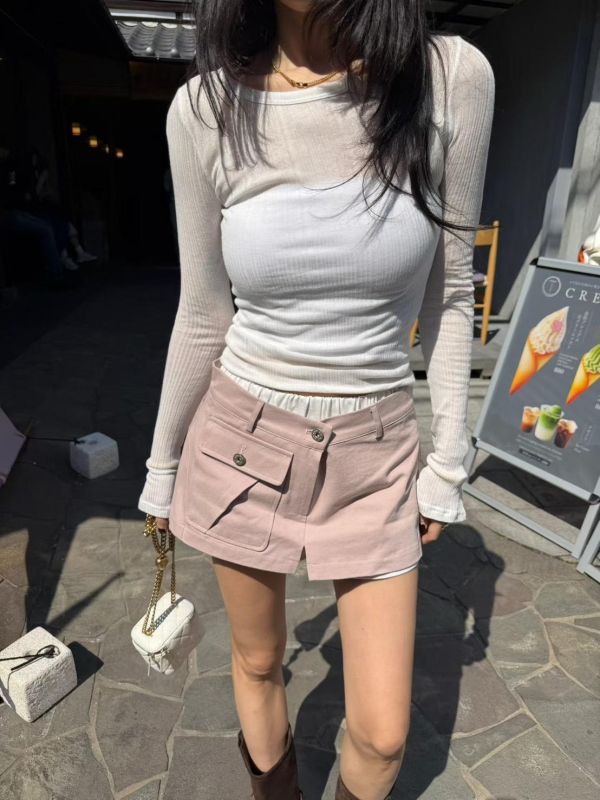 腰拼色兩扣單口袋褲裙 