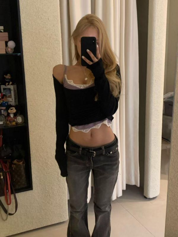 蕾絲滾邊V領彈性背心 