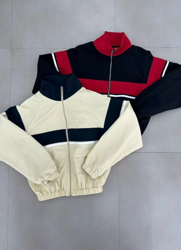 拼色條紋立領拉鍊外套 