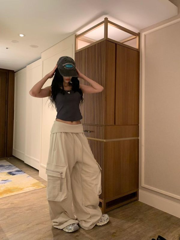 反摺褲頭薄毛巾工裝兩穿縮腳棉長褲 