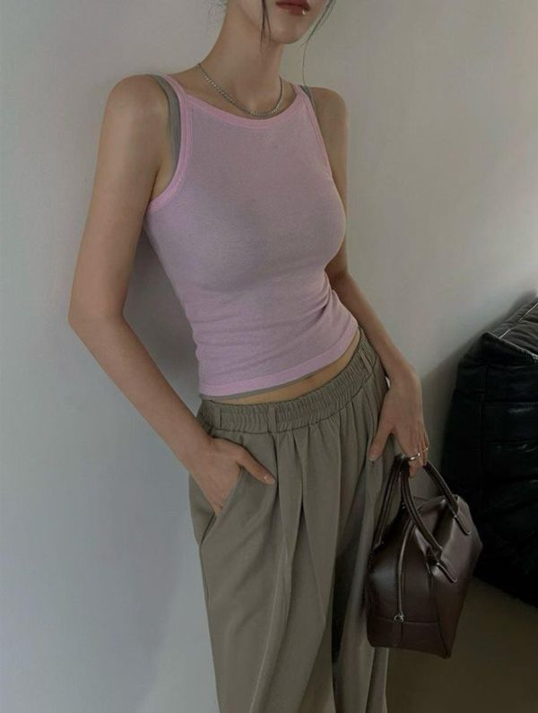 撞色假兩件背心 