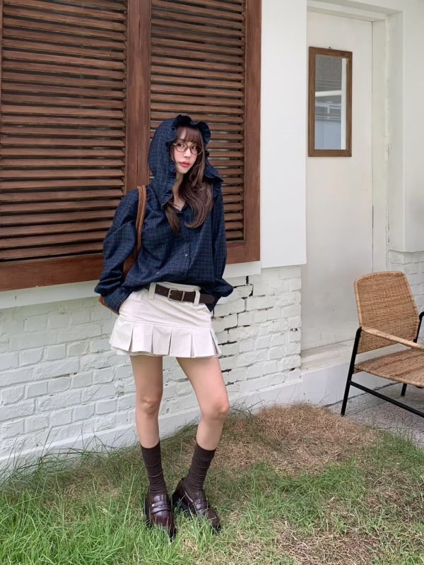 羊毛荷葉連帽格紋外套 