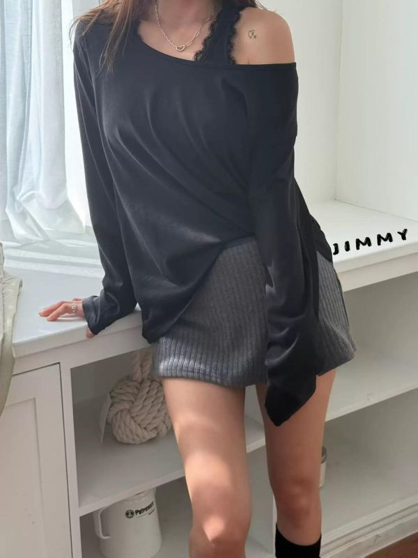 滾邊蕾絲背心+長袖上衣Set 