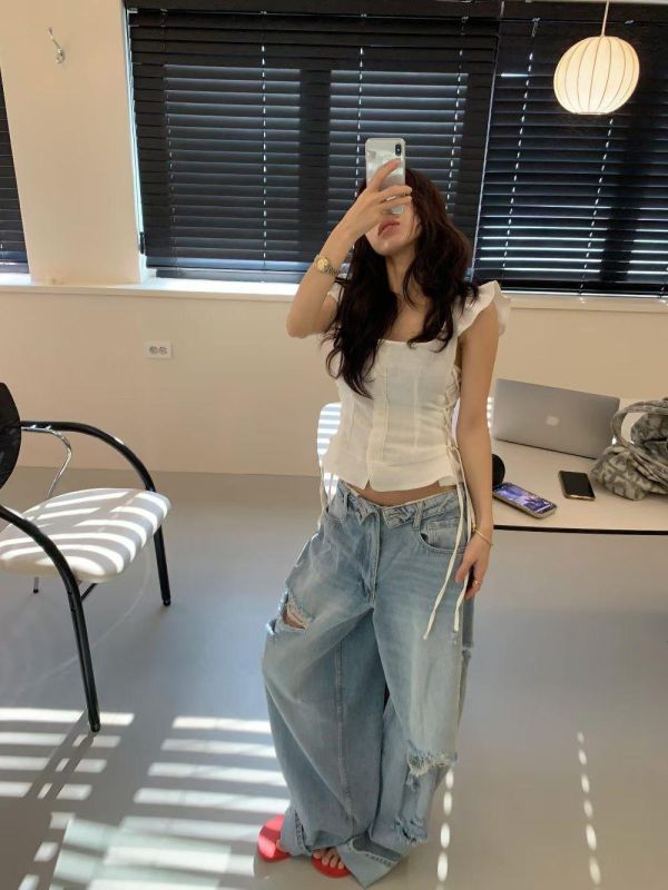 摺腰頭割破高腰牛仔褲 