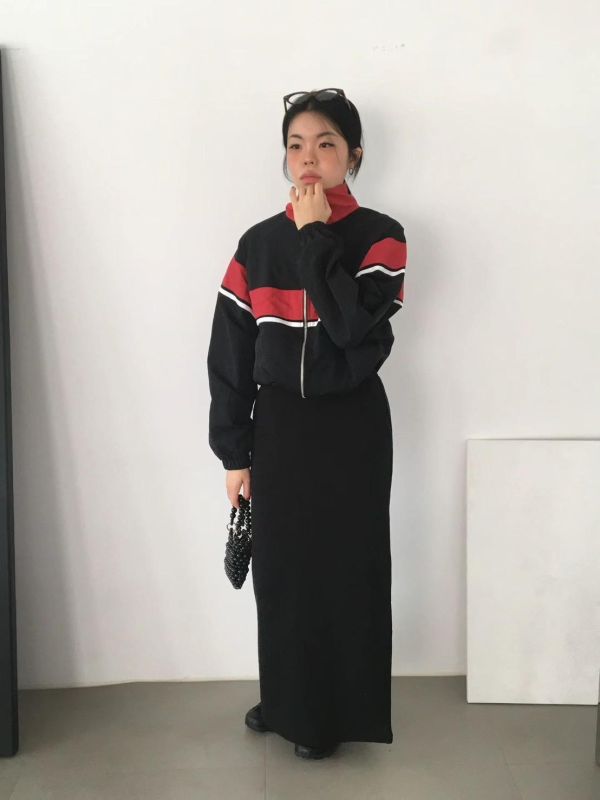 拼色條紋立領拉鍊外套 