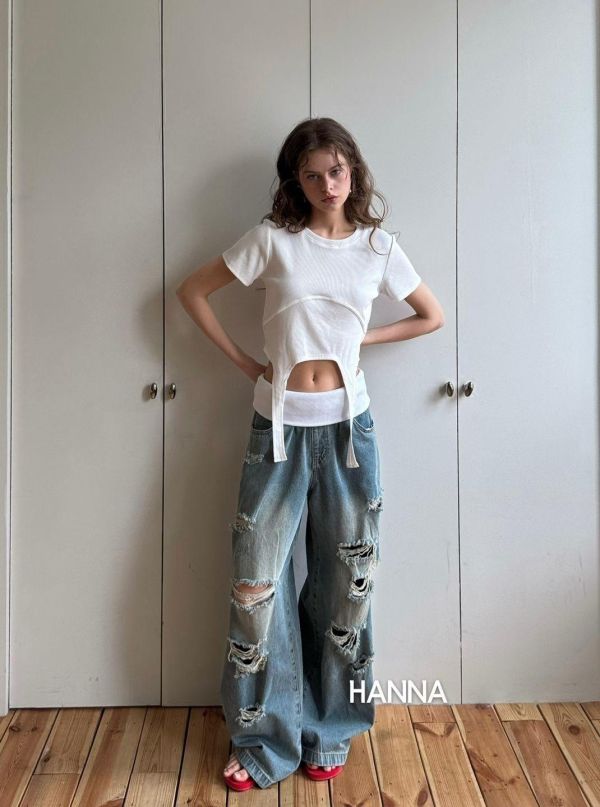 褲頭反摺多破損刷色牛仔褲 