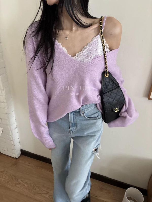 V領針織衫+蕾絲背心Set 