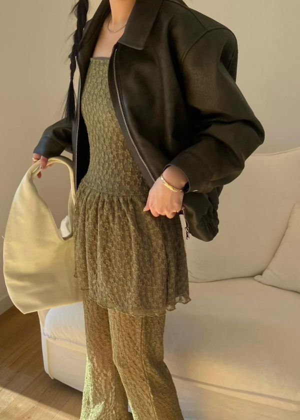 全蕾絲細肩短洋裝/半透膚蕾絲長褲 