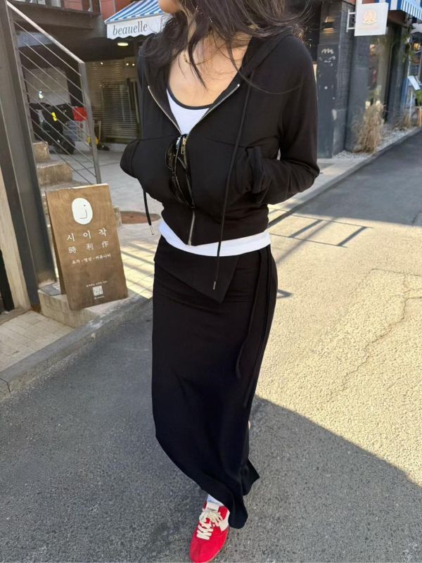 連帽短版棉質小外套/小包臀棉質反摺長裙 