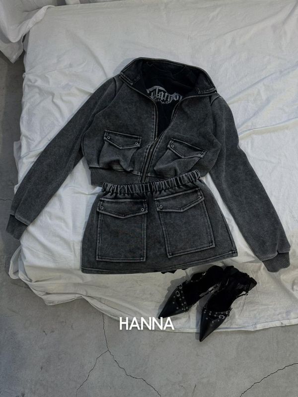 水洗棉外套+前口袋短裙Set 