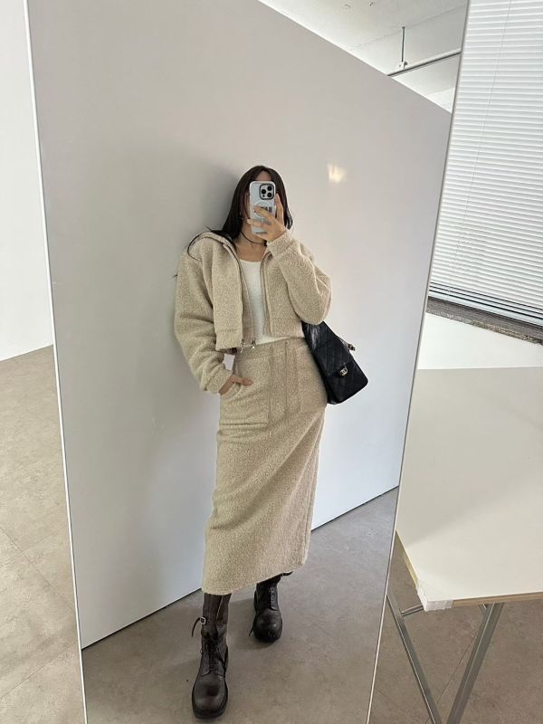 假兩件羊羔毛外套/後開衩羊羔毛長裙 