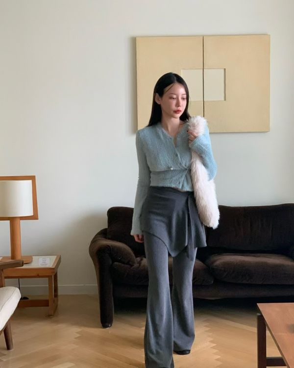 壓扣裙擺針織棉刷毛褲(裙襬可拆) 