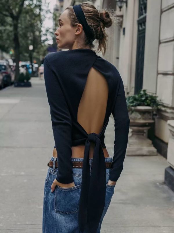 性感露背綁帶微立領上衣 