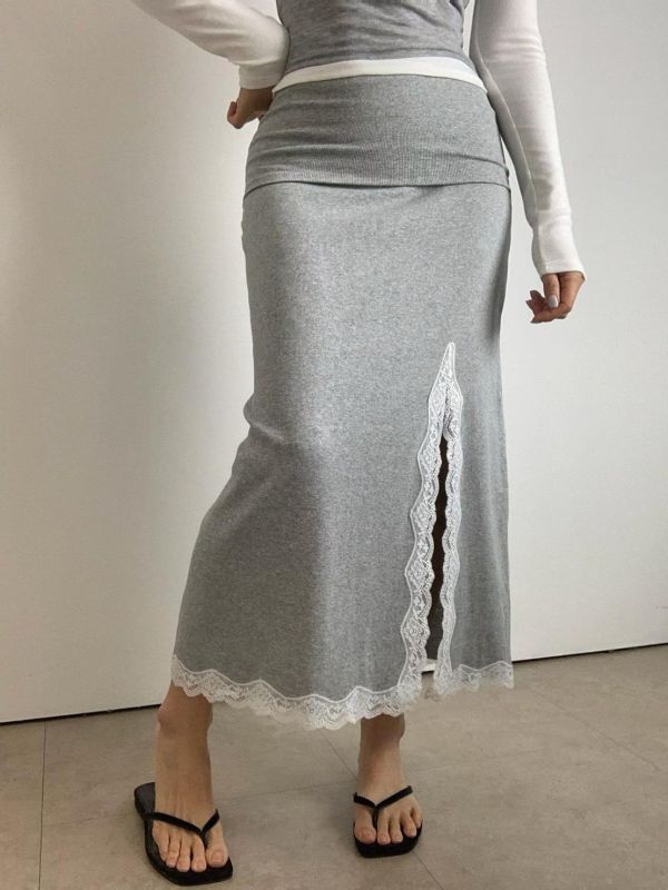 反摺腰頭側開衩蕾絲棉裙 