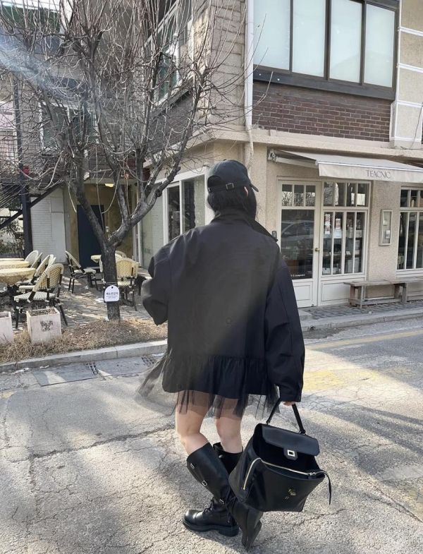 下擺網紗拼接立領風衣外套 