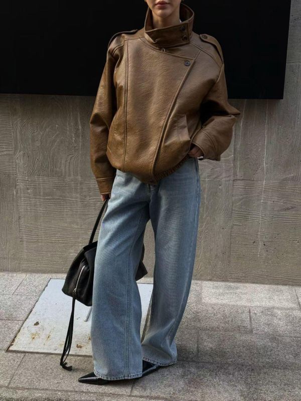 立領兩扣皮外套 