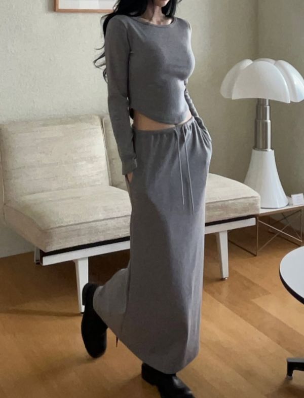 修身長袖上衣/抽繩修身長裙 