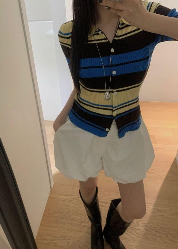 五分袖條紋針織POLO衫 