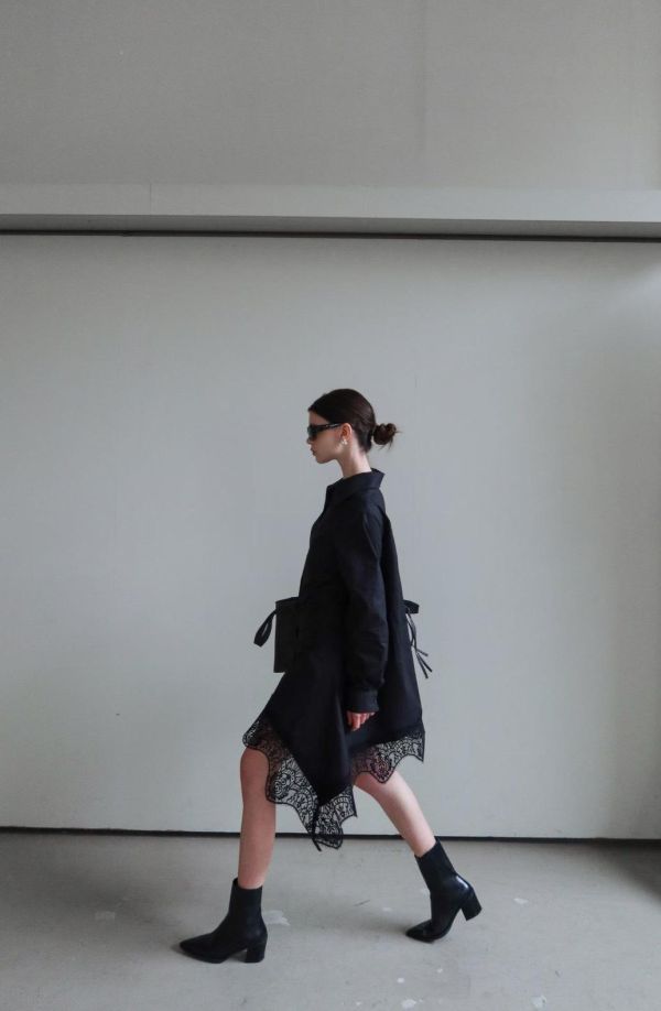 下擺蕾絲不規則襯衫洋裝 