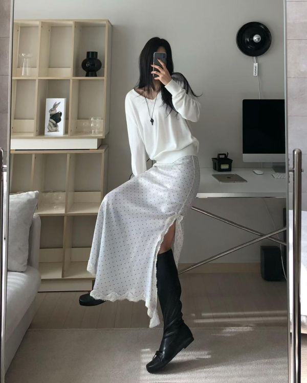 點點不對稱緞面蕾絲長裙(兩面穿) 